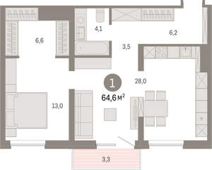 1-к квартира, вторичка, 65м2, 6/8 этаж