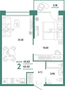 2-к квартира, строящийся дом, 46м2, 3/24 этаж
