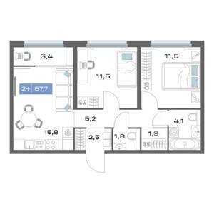 2-к квартира, строящийся дом, 58м2, 18/25 этаж
