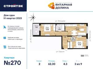 2-к квартира, сданный дом, 63м2, 3/21 этаж