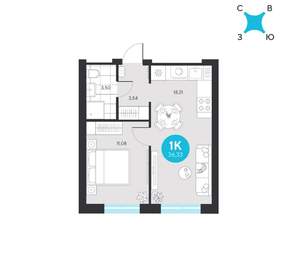 1-к квартира, строящийся дом, 36м2, 2/22 этаж