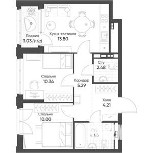 2-к квартира, строящийся дом, 52м2, 13/16 этаж