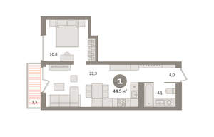 1-к квартира, вторичка, 44м2, 3/8 этаж