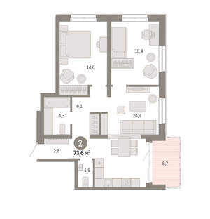 2-к квартира, вторичка, 74м2, 15/24 этаж