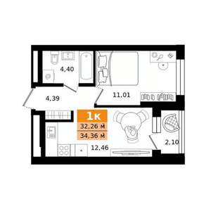 1-к квартира, строящийся дом, 34м2, 2/27 этаж