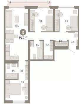 3-к квартира, вторичка, 81м2, 5/9 этаж