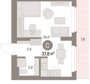 Студия квартира, вторичка, 38м2, 8/9 этаж