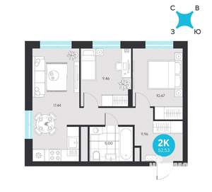 2-к квартира, строящийся дом, 53м2, 3/23 этаж