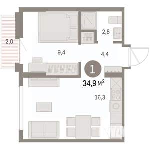 1-к квартира, вторичка, 35м2, 5/8 этаж