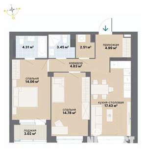 2-к квартира, вторичка, 69м2, 10/26 этаж