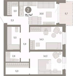 2-к квартира, вторичка, 76м2, 3/24 этаж