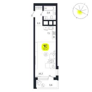 1-к квартира, вторичка, 32м2, 18/27 этаж