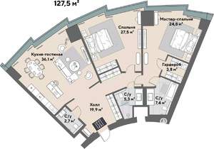 3-к квартира, строящийся дом, 128м2, 28/52 этаж