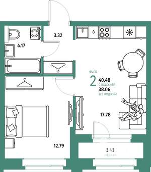 2-к квартира, строящийся дом, 40м2, 5/24 этаж