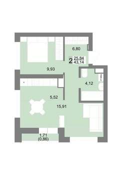 2-к квартира, вторичка, 43м2, 6/27 этаж