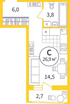 Студия квартира, вторичка, 26м2, 6/8 этаж