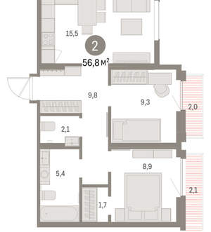 2-к квартира, вторичка, 57м2, 6/9 этаж