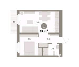1-к квартира, вторичка, 41м2, 4/9 этаж