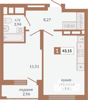 1-к квартира, строящийся дом, 43м2, 17/31 этаж