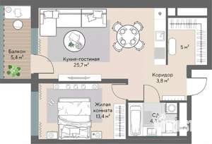 1-к квартира, строящийся дом, 54м2, 2/28 этаж