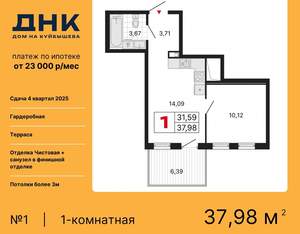 1-к квартира, вторичка, 38м2, 1/25 этаж