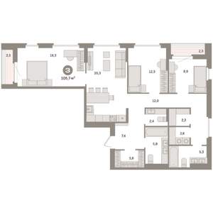 3-к квартира, вторичка, 106м2, 12/16 этаж