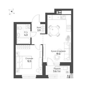 1-к квартира, строящийся дом, 42м2, 8/16 этаж