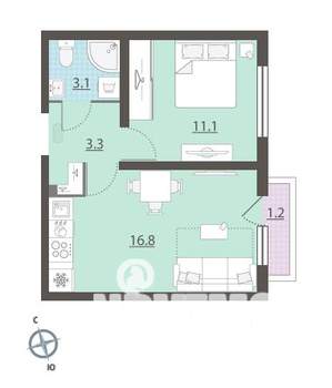 1-к квартира, вторичка, 34м2, 12/16 этаж