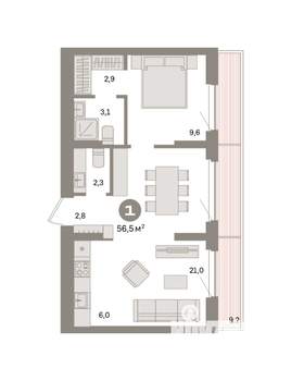 1-к квартира, вторичка, 57м2, 7/7 этаж