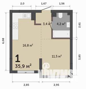 1-к квартира, строящийся дом, 36м2, 4/9 этаж