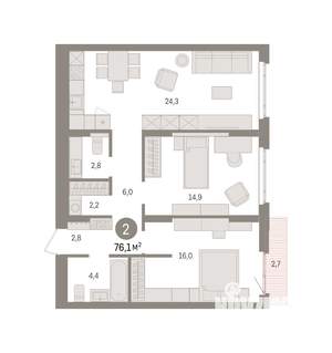 2-к квартира, вторичка, 76м2, 3/16 этаж