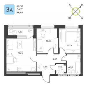 2-к квартира, строящийся дом, 59м2, 1/23 этаж