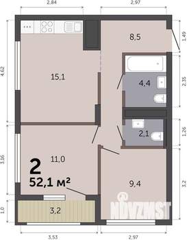 2-к квартира, строящийся дом, 52м2, 6/19 этаж