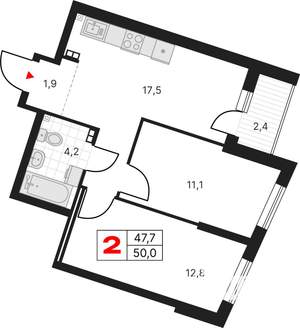 2-к квартира, вторичка, 50м2, 7/17 этаж