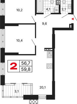 2-к квартира, вторичка, 60м2, 4/15 этаж