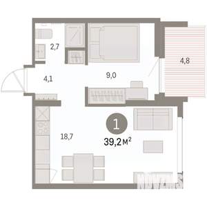1-к квартира, вторичка, 39м2, 5/9 этаж