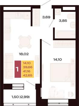 1-к квартира, вторичка, 43м2, 17/30 этаж