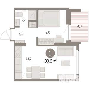 1-к квартира, вторичка, 39м2, 7/9 этаж