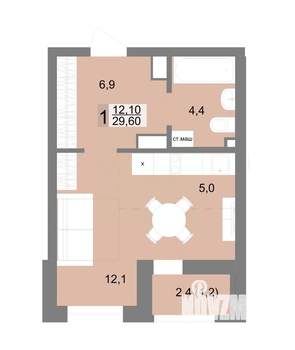 1-к квартира, вторичка, 30м2, 17/25 этаж