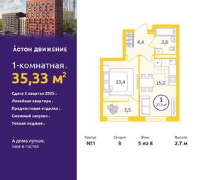 1-к квартира, вторичка, 35м2, 5/12 этаж