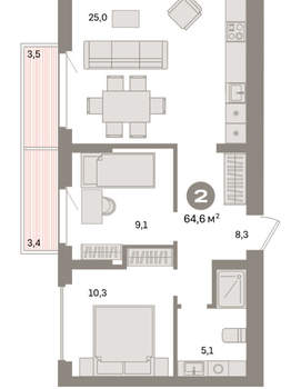 2-к квартира, вторичка, 65м2, 7/16 этаж