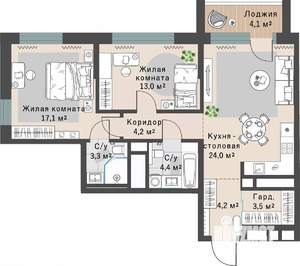 2-к квартира, строящийся дом, 76м2, 19/29 этаж