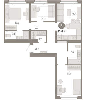2-к квартира, вторичка, 85м2, 8/9 этаж