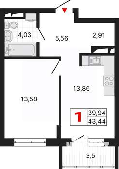 1-к квартира, вторичка, 43м2, 7/25 этаж