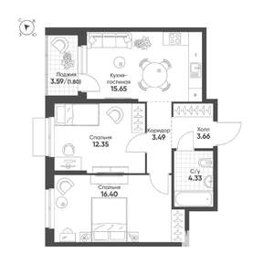 2-к квартира, строящийся дом, 58м2, 6/25 этаж