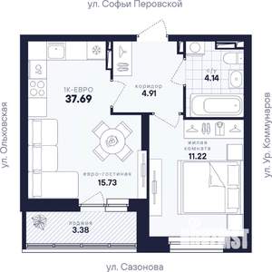 1-к квартира, вторичка, 38м2, 3/17 этаж