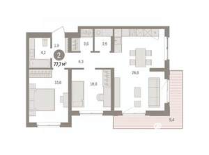 2-к квартира, вторичка, 78м2, 3/9 этаж
