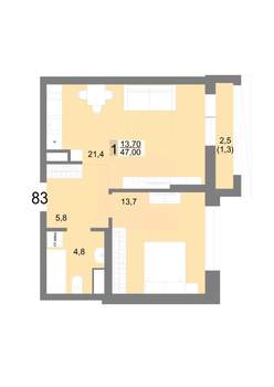 1-к квартира, вторичка, 47м2, 14/25 этаж