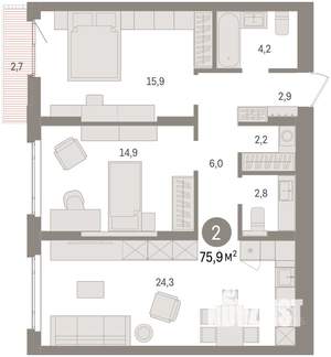 2-к квартира, вторичка, 76м2, 9/16 этаж