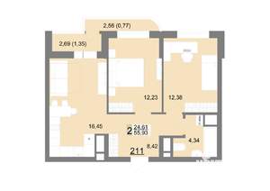 2-к квартира, строящийся дом, 56м2, 21/22 этаж